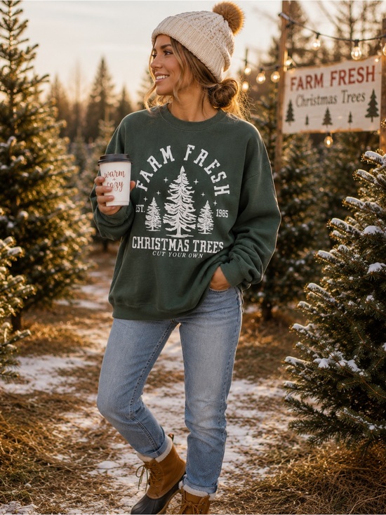 Comfort Colors Sweaters - Comfort Colors Christmas Trees Sweatshirt M Farm Fresh Holiday Graphic Crewneck
